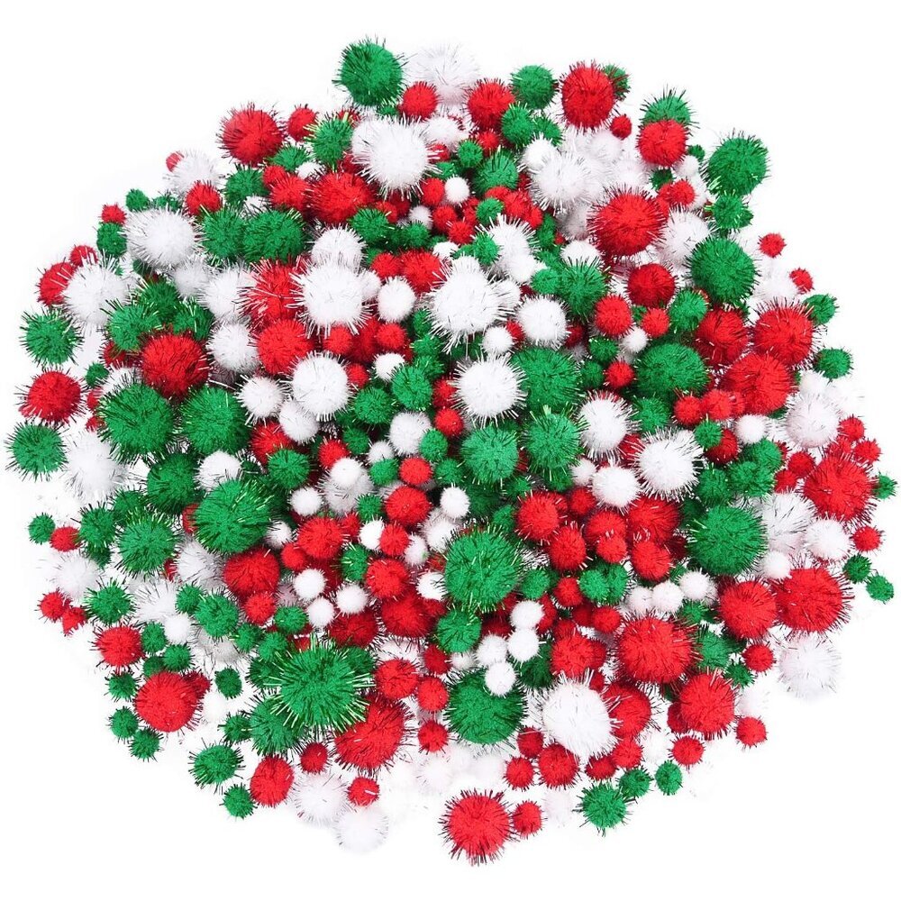 Christmas Pom Poms Pompoms Red Green White Glitter Fluffy Balls, DIY Art Crafts